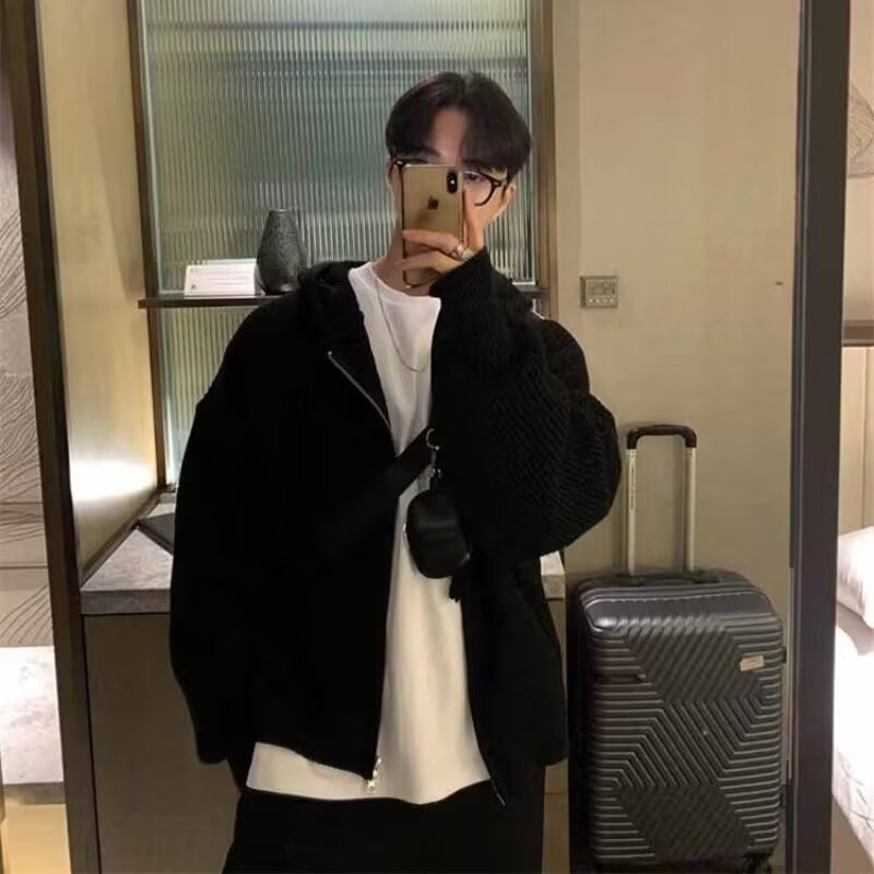 Sügavsüsinikust tuhavärvi kapuutsiga kampsunjakk meeste kardigan-kampsun lahtine Ameerika retro Hongkongi stiilis laisk trendikas meeste topp