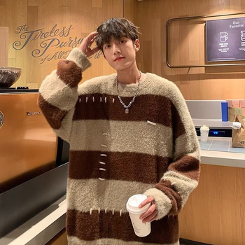 Fiú pulóver szél csíkos nerc bársony pulóver diák tide laza gyapjú bélelt kabát ősz és tél egy generáció haj