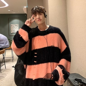 Fiú pulóver szél csíkos nerc bársony pulóver diák tide laza gyapjú bélelt kabát ősz és tél egy generáció haj