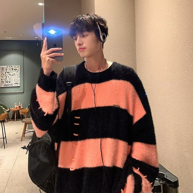 Fiú pulóver szél csíkos nerc bársony pulóver diák tide laza gyapjú bélelt kabát ősz és tél egy generáció haj