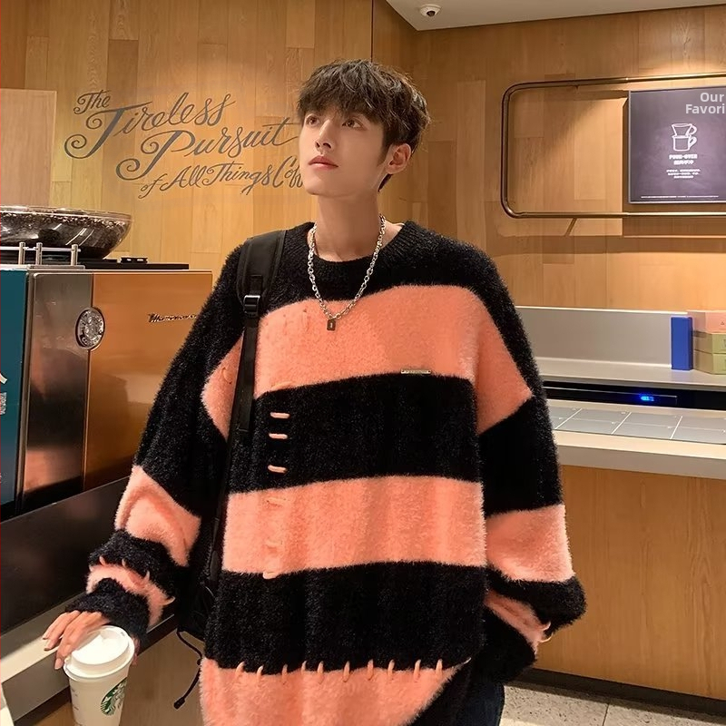 Fiú pulóver szél csíkos nerc bársony pulóver diák tide laza gyapjú bélelt kabát ősz és tél egy generáció haj