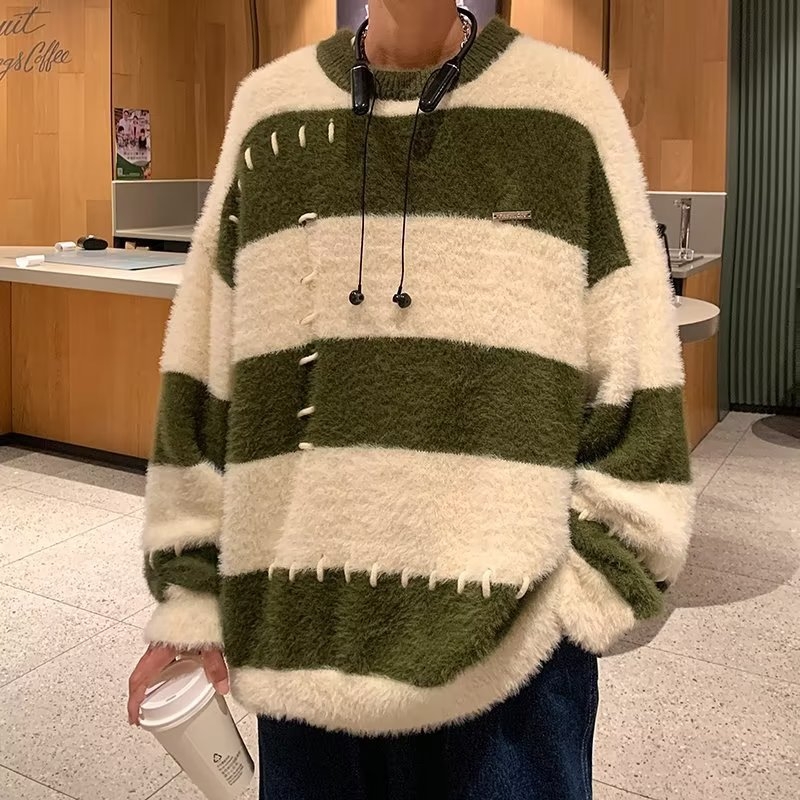 Fiú pulóver szél csíkos nerc bársony pulóver diák tide laza gyapjú bélelt kabát ősz és tél egy generáció haj