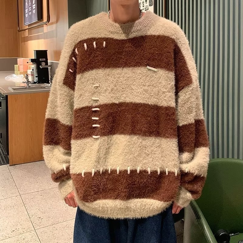 Fiú pulóver szél csíkos nerc bársony pulóver diák tide laza gyapjú bélelt kabát ősz és tél egy generáció haj