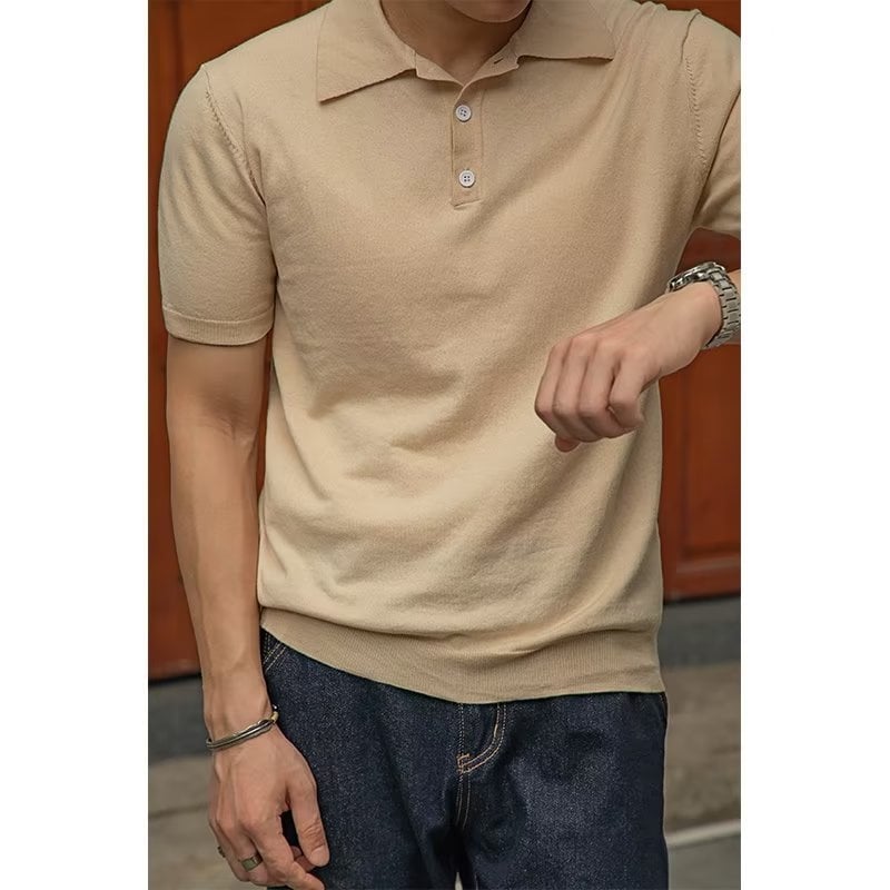 Tricou polo tricotat din mătase glacială, cu mânecă scurtă, pentru bărbați, de vară, subțire, la modă, cu rever, cu mânecă jumătate, tricou