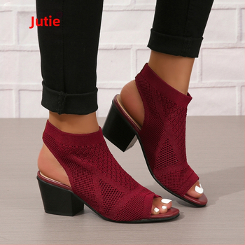 Juhiti Spot Νέα Ευρωπαϊκή και Αμερικανική Μόδα Μεγάλα Πλεκτά Γυναικεία Σανδάλια με Χοντρό Τακούνι Export Γυναικεία Σανδάλια με Ψηλοτάκουνα Slip-On