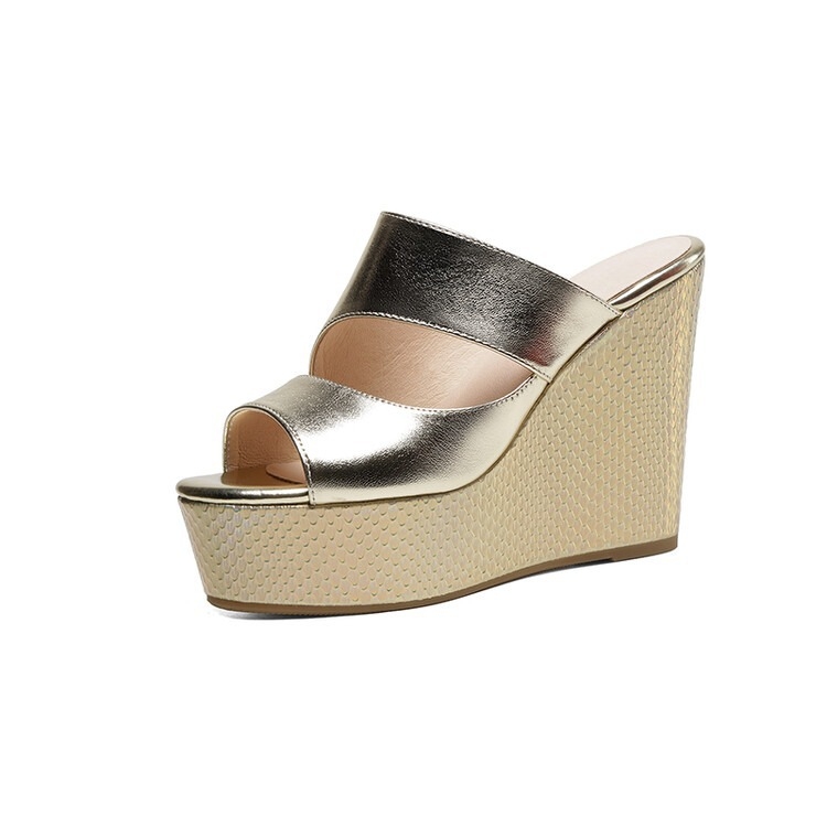 Pārrobežu vasaras jaunas, zivs mutes, biezas zoles ķīļveida sandales, augstpapēžu čības, modernas zelta un sudraba sandales vairumtirdzniecībā