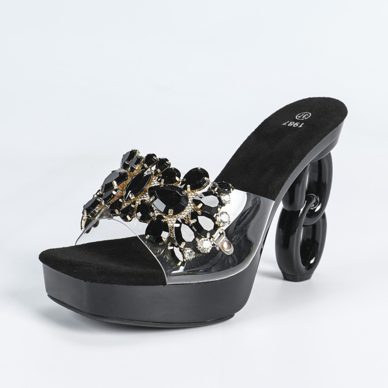 1988-Q7 comerț exterior nou modă sexy mașină model club de noapte tocuri înalte pătrate 12CM papuci transparenți cu stras