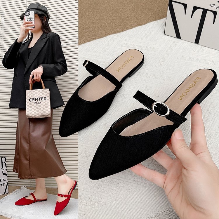 Határokon átnyúló női cipők 2025 tavaszi új stílusú baotou félpapucs női hegyes, lapos talpú ruha lusta sarkú muller cipő