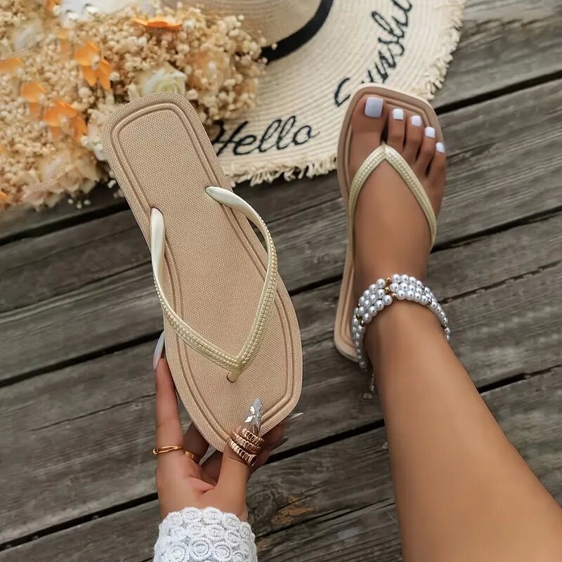 Sandale de plajă cu diamante și culoare solidă pentru femei, vară, sandale plate pentru fete, cu cleme, pentru exterior, la malul mării