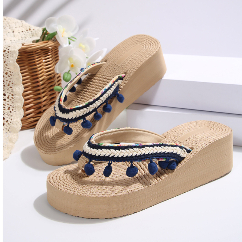 Dámske plážové papuče pre väčšie veľkosti, letné oblečenie, hrubé podpätky, sandále na vysokom podpätku, dámske žabky s strapcami a klinom v bohémskom štýle