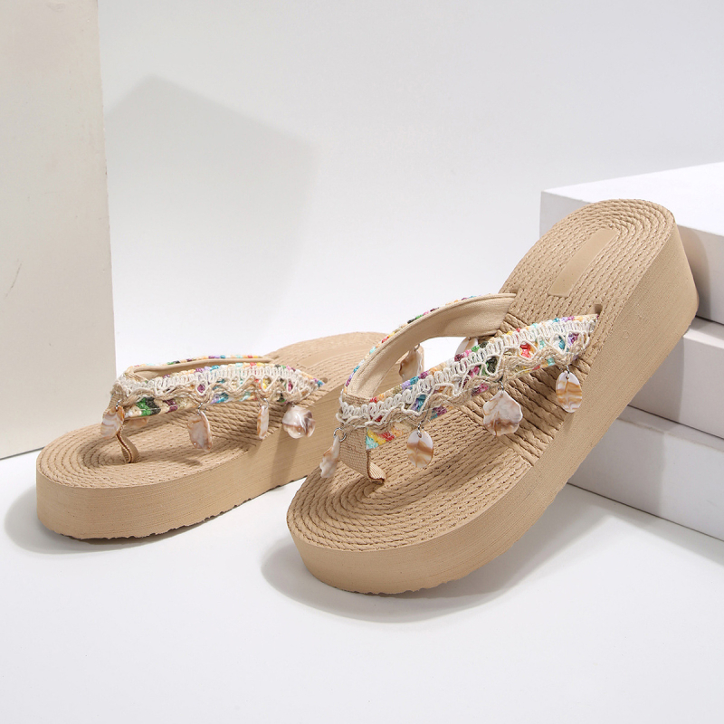 Dámske plážové papuče pre väčšie veľkosti, letné oblečenie, hrubé podpätky, sandále na vysokom podpätku, dámske žabky s strapcami a klinom v bohémskom štýle