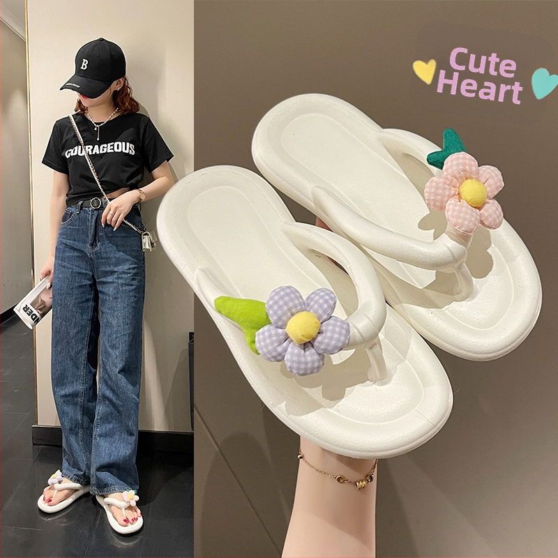 Papuci de plajă cu flori drăguțe, papuci de vară pentru femei, papuci groși de plajă, stil Instagram, la modă, antiderapanți, cu clips, drăguț, model floral, model de vară