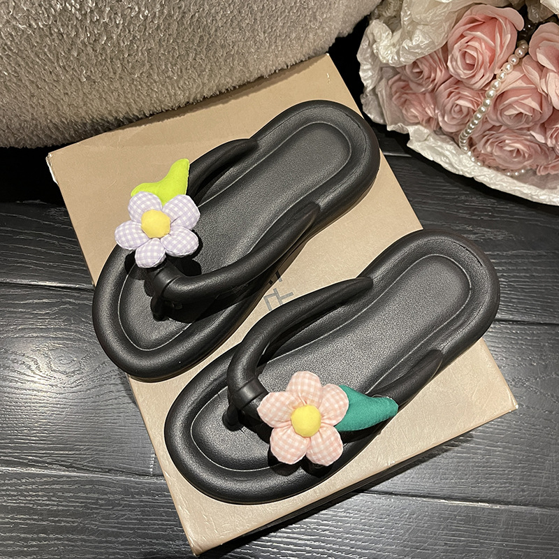 Papuci de plajă cu flori drăguțe, papuci de vară pentru femei, papuci groși de plajă, stil Instagram, la modă, antiderapanți, cu clips, drăguț, model floral, model de vară