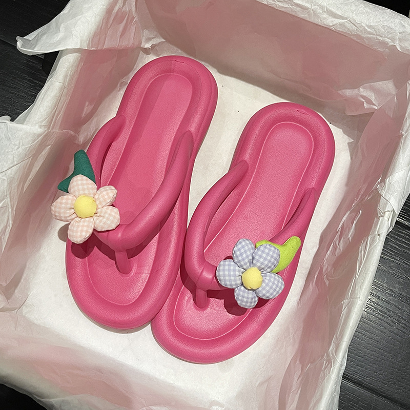 Papuci de plajă cu flori drăguțe, papuci de vară pentru femei, papuci groși de plajă, stil Instagram, la modă, antiderapanți, cu clips, drăguț, model floral, model de vară