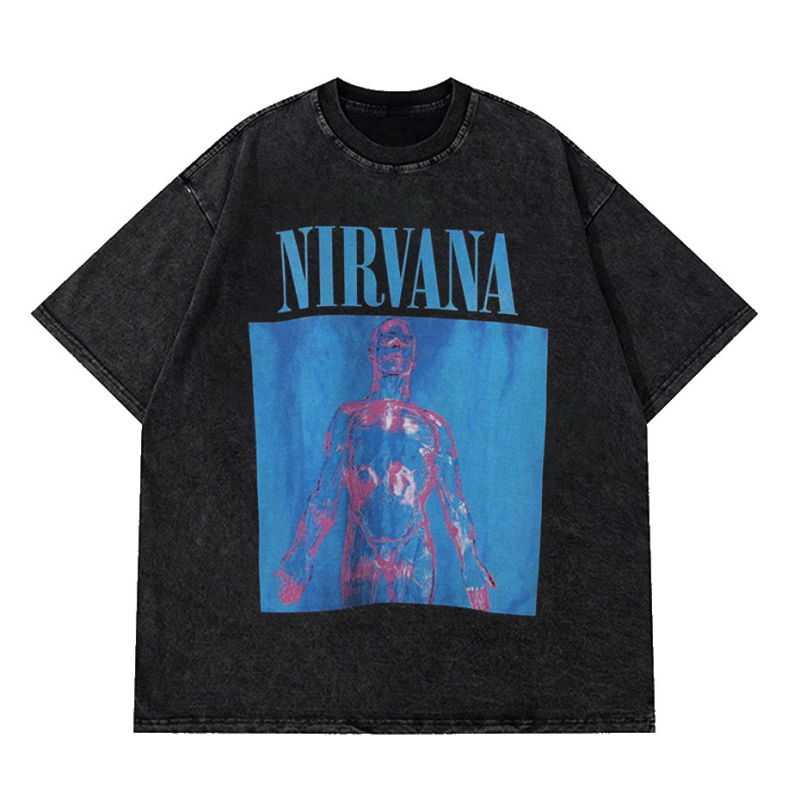 2025 tavaszi és nyári mosóvíz retro divatos márkás póló Nirvana zenekar digitális direkt befecskendezéses nyomtatással, rövid ujjú férfi kard stílusú legenda