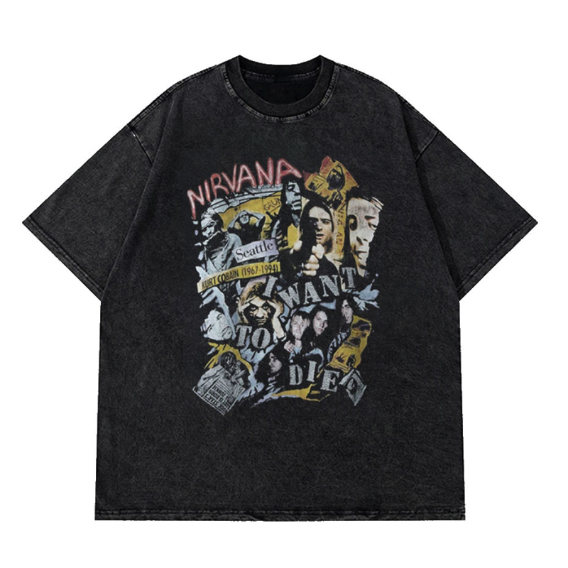 2025 tavaszi és nyári mosóvíz retro divatos márkás póló Nirvana zenekar digitális direkt befecskendezéses nyomtatással, rövid ujjú férfi kard stílusú legenda
