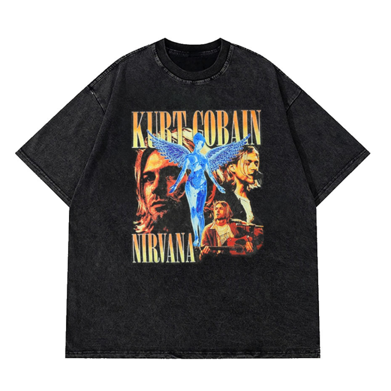 2025 tavaszi és nyári mosóvíz retro divatos márkás póló Nirvana zenekar digitális direkt befecskendezéses nyomtatással, rövid ujjú férfi kard stílusú legenda