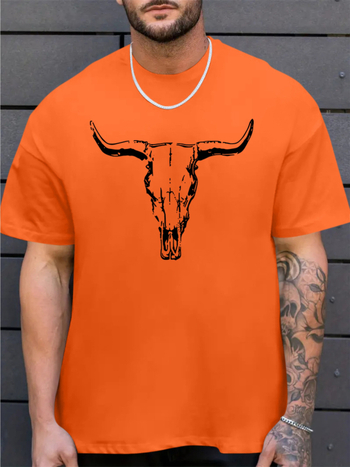 Ανδρικό casual μπλουζάκι με γραφικά Bull Skull - Άνετο πολυεστέρα, με στρογγυλή λαιμόκοψη