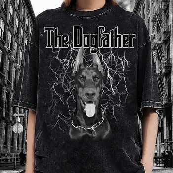 Pekný vlčí pes Doberman španiel Európske a americké módne voľné nadrozmerné pánske a dámske tričko s krátkym rukávom, oprané a striekané