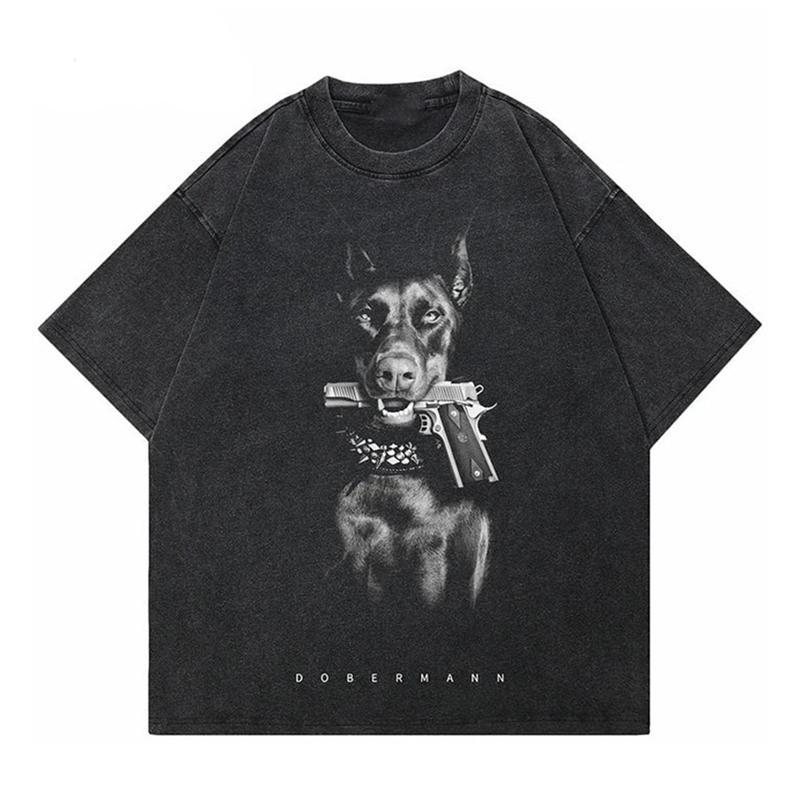 Pekný vlčí pes Doberman španiel Európske a americké módne voľné nadrozmerné pánske a dámske tričko s krátkym rukávom, oprané a striekané