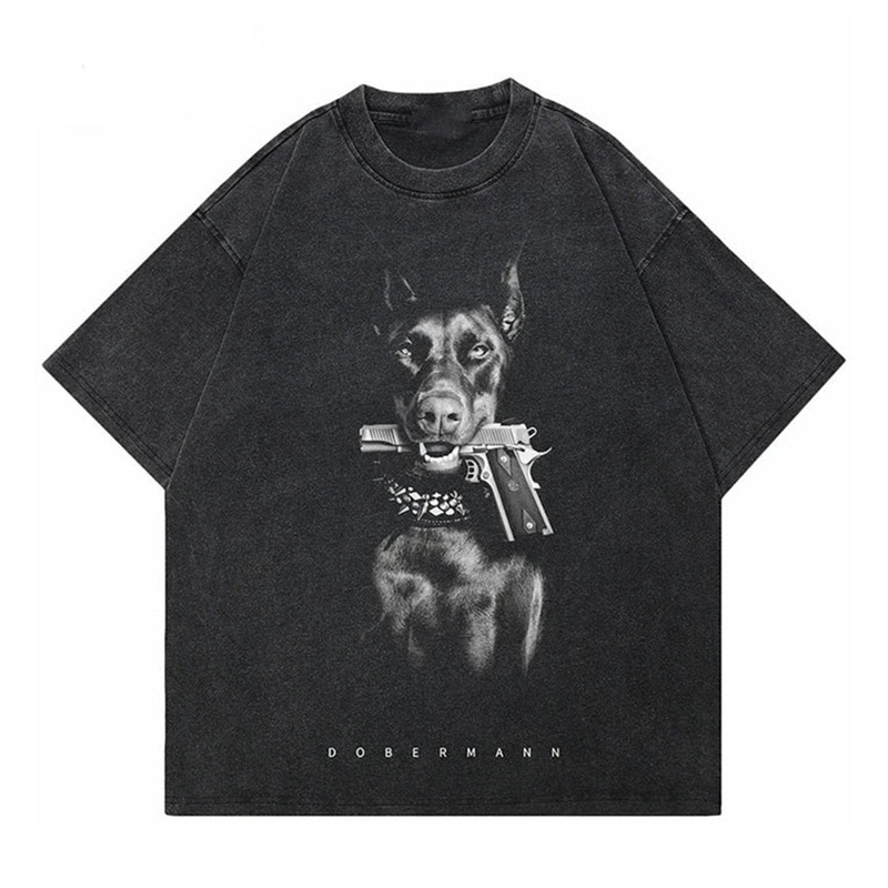 Pekný vlčí pes Doberman španiel Európske a americké módne voľné nadrozmerné pánske a dámske tričko s krátkym rukávom, oprané a striekané