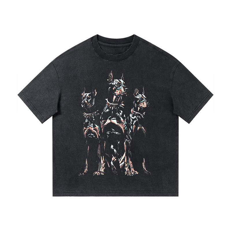 Pekný vlčí pes Doberman španiel Európske a americké módne voľné nadrozmerné pánske a dámske tričko s krátkym rukávom, oprané a striekané