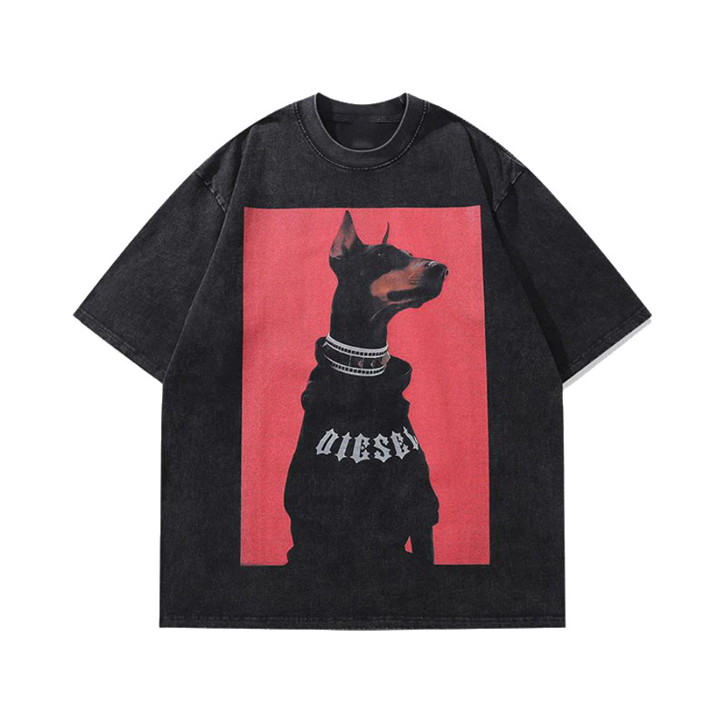 Pekný vlčí pes Doberman španiel Európske a americké módne voľné nadrozmerné pánske a dámske tričko s krátkym rukávom, oprané a striekané