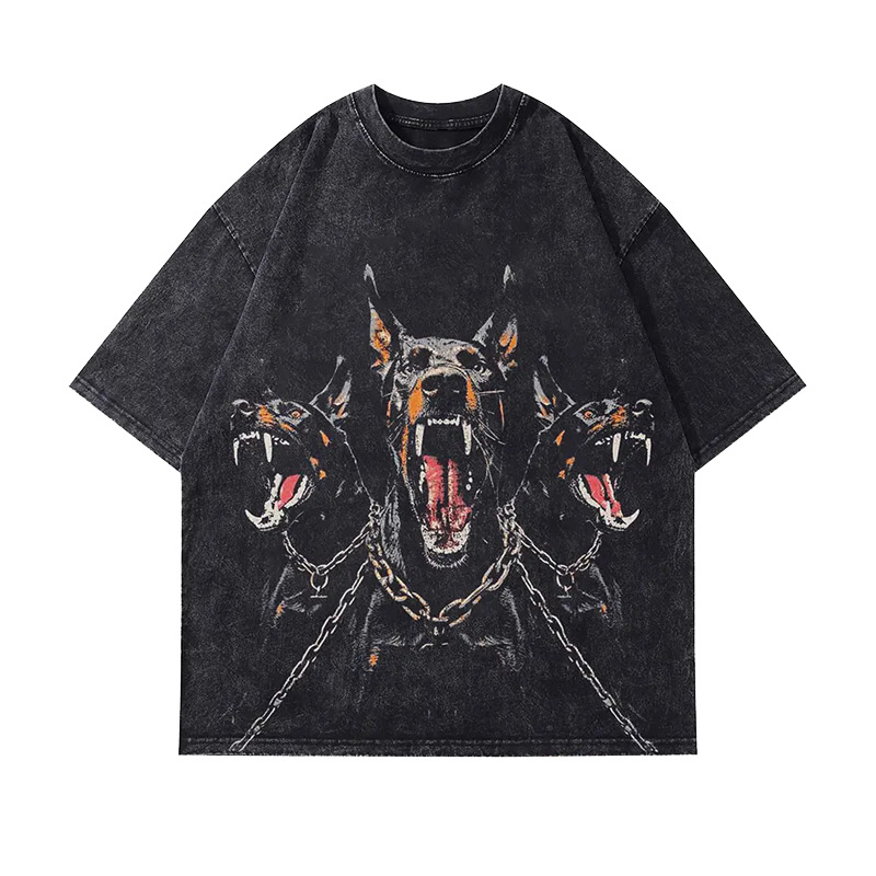 Pekný vlčí pes Doberman španiel Európske a americké módne voľné nadrozmerné pánske a dámske tričko s krátkym rukávom, oprané a striekané