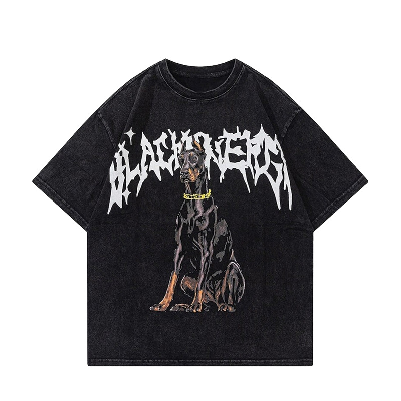 Pekný vlčí pes Doberman španiel Európske a americké módne voľné nadrozmerné pánske a dámske tričko s krátkym rukávom, oprané a striekané