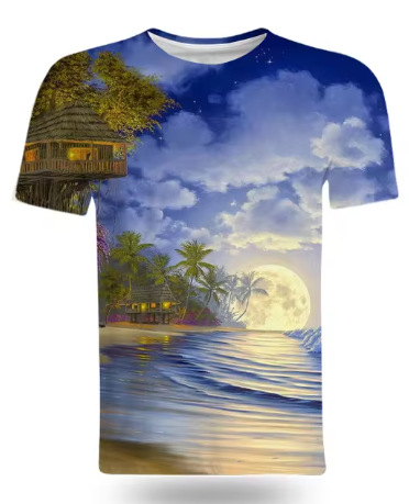 Tricou de vară la modă cu peisaje naturale de pe litoral, imprimat 3D, pentru bărbați, tricou casual și interesant cu mânecă scurtă