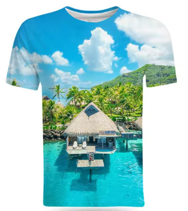 Tricou de vară la modă cu peisaje naturale de pe litoral, imprimat 3D, pentru bărbați, tricou casual și interesant cu mânecă scurtă