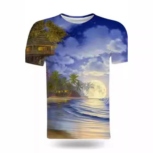 Tricou de vară la modă cu peisaje naturale de pe litoral, imprimat 3D, pentru bărbați, tricou casual și interesant cu mânecă scurtă