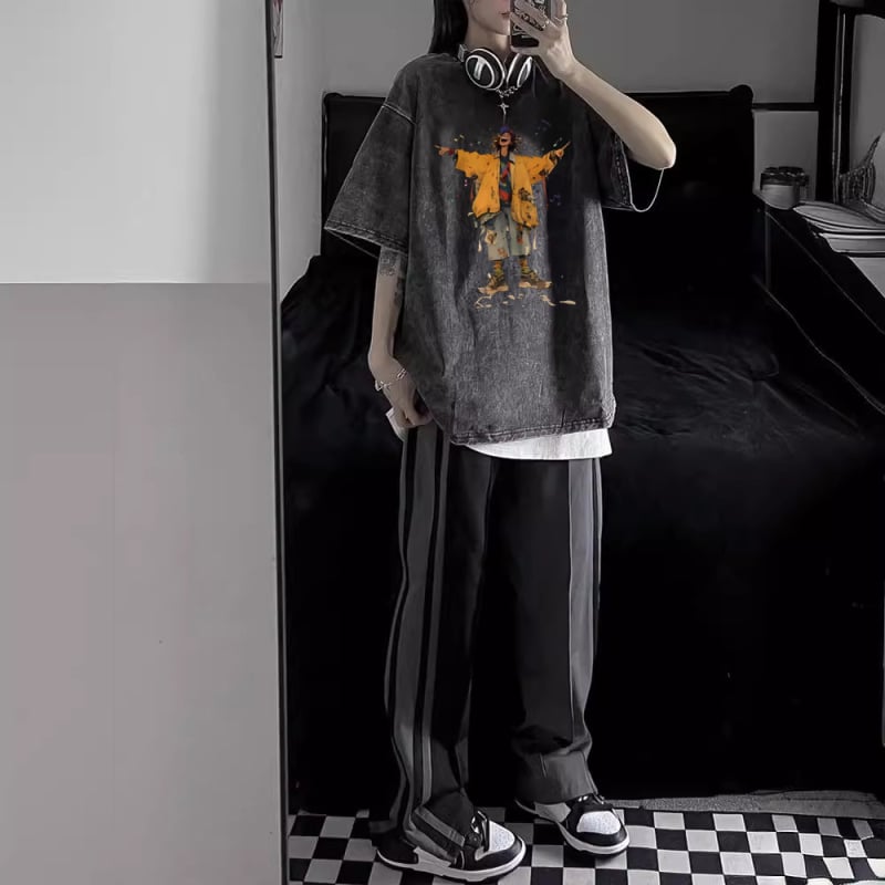 Tricou de vară cu mânecă scurtă, stil american, retro, din bumbac greu, spălat, Old Street, imprimat, pentru bărbați și femei