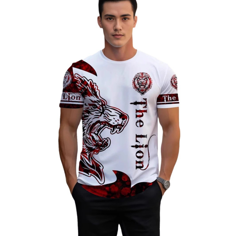 2024. aasta piiriülene 3DT särk, vabaaja meeste topp, lühikeste varrukatega, trükitud loomalõvi mustriga, ümara kaelusega, moodne