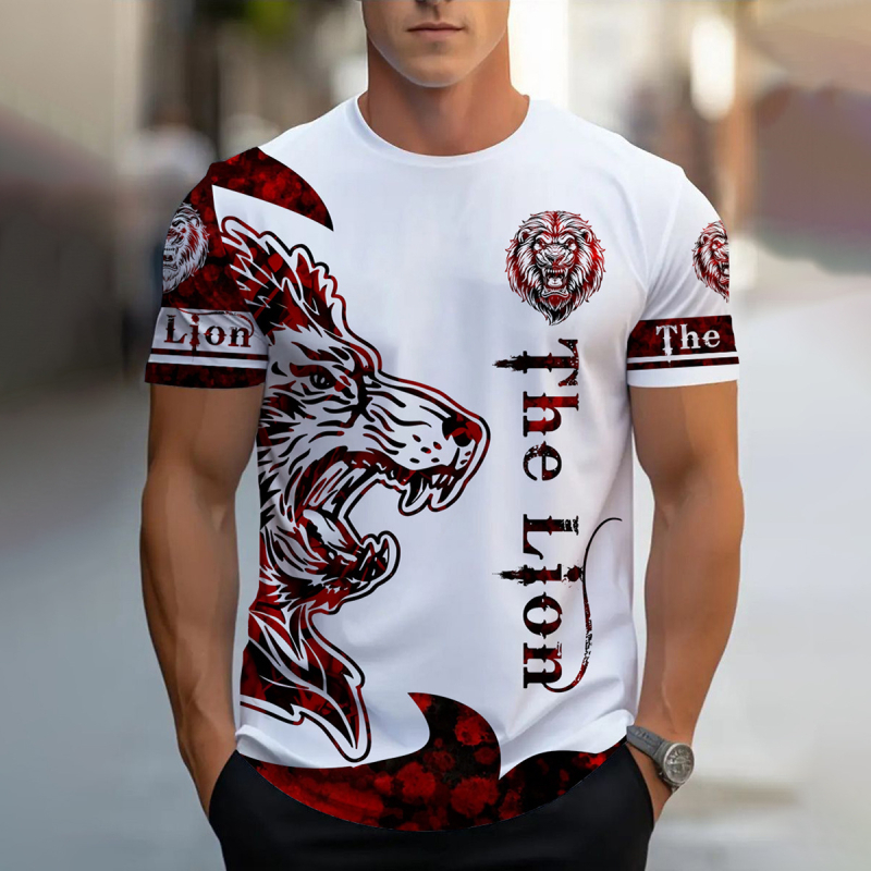 2024. aasta piiriülene 3DT särk, vabaaja meeste topp, lühikeste varrukatega, trükitud loomalõvi mustriga, ümara kaelusega, moodne