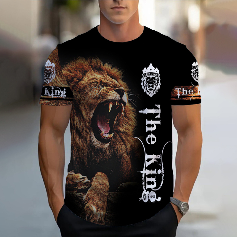 2024. aasta piiriülene 3DT särk, vabaaja meeste topp, lühikeste varrukatega, trükitud loomalõvi mustriga, ümara kaelusega, moodne