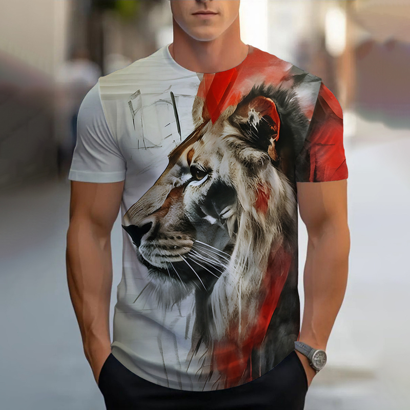 2024. aasta piiriülene 3DT särk, vabaaja meeste topp, lühikeste varrukatega, trükitud loomalõvi mustriga, ümara kaelusega, moodne