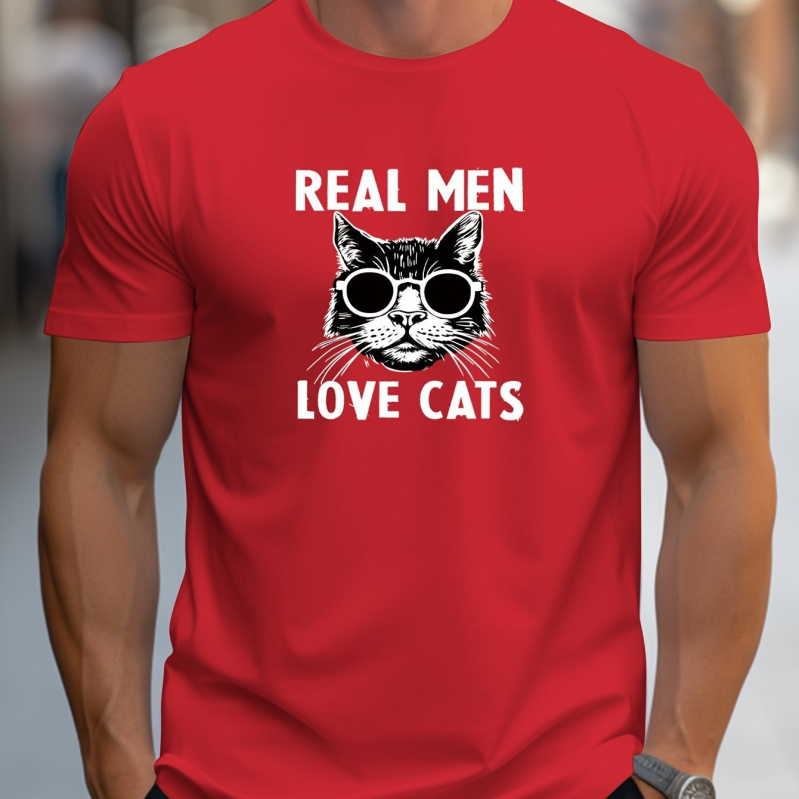 MBDMBD meeste moodne punane T-särk kirjaga "tõelised mehed armastavad kasse" moeprillidega kassifiguur