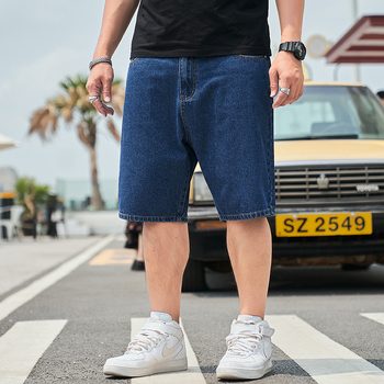 Pliusinio dydžio vyriškos laisvos amerikietiško stiliaus 5 taškų kelnės, vasarinės ypač didelės vienspalvės 5 taškų džinsinės kelnės, vyriškos tiesios vidutinio ilgio kelnės