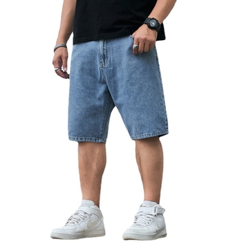 Pliusinio dydžio vyriškos laisvos amerikietiško stiliaus 5 taškų kelnės, vasarinės ypač didelės vienspalvės 5 taškų džinsinės kelnės, vyriškos tiesios vidutinio ilgio kelnės