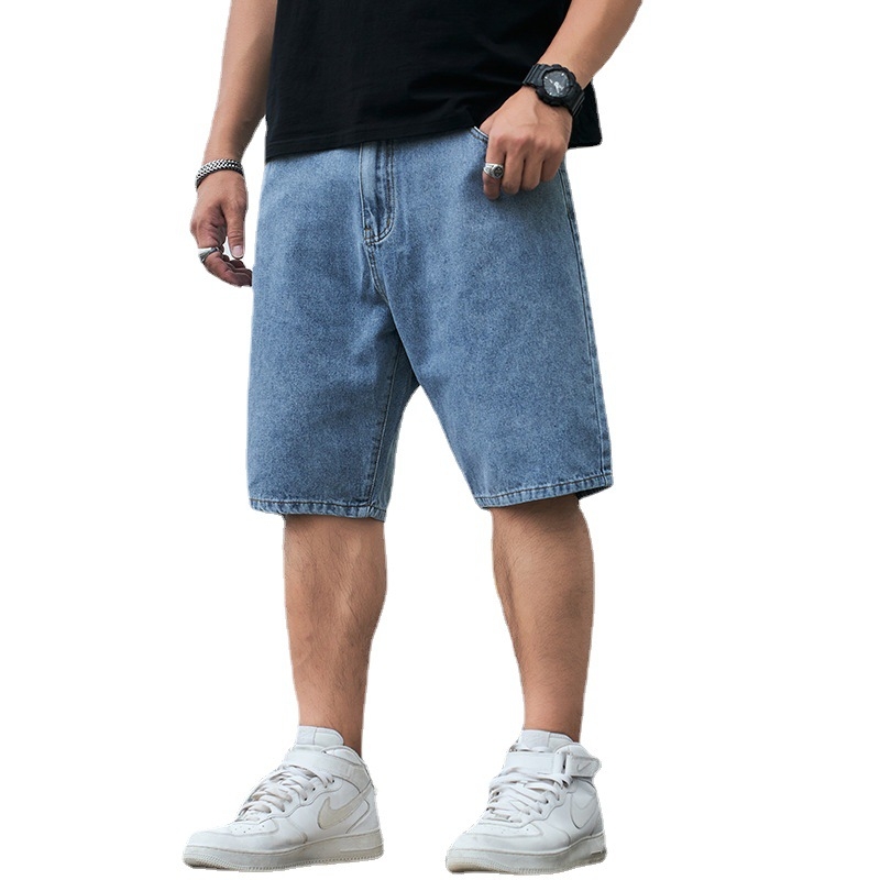 Pliusinio dydžio vyriškos laisvos amerikietiško stiliaus 5 taškų kelnės, vasarinės ypač didelės vienspalvės 5 taškų džinsinės kelnės, vyriškos tiesios vidutinio ilgio kelnės