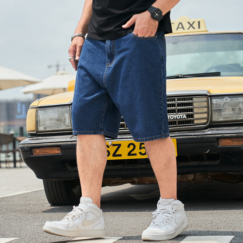 Pliusinio dydžio vyriškos laisvos amerikietiško stiliaus 5 taškų kelnės, vasarinės ypač didelės vienspalvės 5 taškų džinsinės kelnės, vyriškos tiesios vidutinio ilgio kelnės