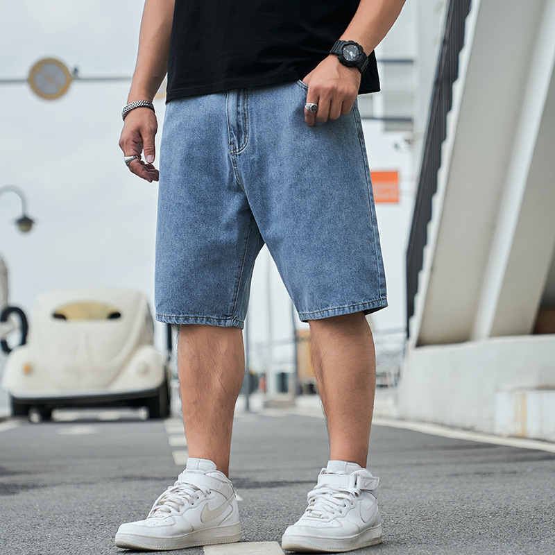 Pliusinio dydžio vyriškos laisvos amerikietiško stiliaus 5 taškų kelnės, vasarinės ypač didelės vienspalvės 5 taškų džinsinės kelnės, vyriškos tiesios vidutinio ilgio kelnės