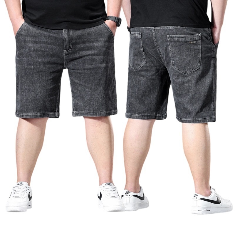 Pliusinio dydžio vyriškos laisvos amerikietiško stiliaus 5 taškų kelnės, vasarinės ypač didelės vienspalvės 5 taškų džinsinės kelnės, vyriškos tiesios vidutinio ilgio kelnės