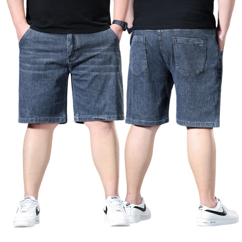 Pliusinio dydžio vyriškos laisvos amerikietiško stiliaus 5 taškų kelnės, vasarinės ypač didelės vienspalvės 5 taškų džinsinės kelnės, vyriškos tiesios vidutinio ilgio kelnės