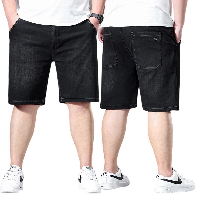 Pliusinio dydžio vyriškos laisvos amerikietiško stiliaus 5 taškų kelnės, vasarinės ypač didelės vienspalvės 5 taškų džinsinės kelnės, vyriškos tiesios vidutinio ilgio kelnės