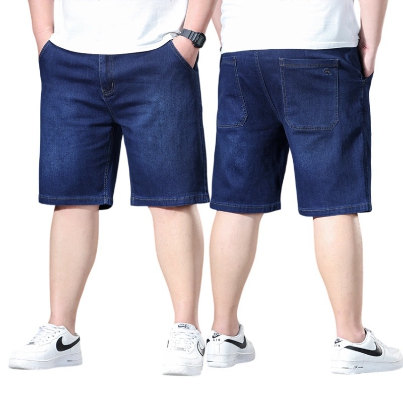 Pliusinio dydžio vyriškos laisvos amerikietiško stiliaus 5 taškų kelnės, vasarinės ypač didelės vienspalvės 5 taškų džinsinės kelnės, vyriškos tiesios vidutinio ilgio kelnės