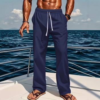 Határokon átnyúló Amazon Tm új lenvászon laza és kényelmes férfi lélegző, napsütéses, tiszta színű, egyenes szabású, lezser pamut és lenvászon nadrág