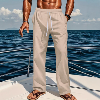 Határokon átnyúló Amazon Tm új lenvászon laza és kényelmes férfi lélegző, napsütéses, tiszta színű, egyenes szabású, lezser pamut és lenvászon nadrág