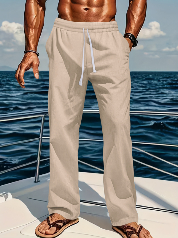 Határokon átnyúló Amazon Tm új lenvászon laza és kényelmes férfi lélegző, napsütéses, tiszta színű, egyenes szabású, lezser pamut és lenvászon nadrág